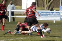 Tynedale's Matthew Outson scores a try against Blackheath, National League Division 1, Tynedale Park, Corbridge, Northumberland.